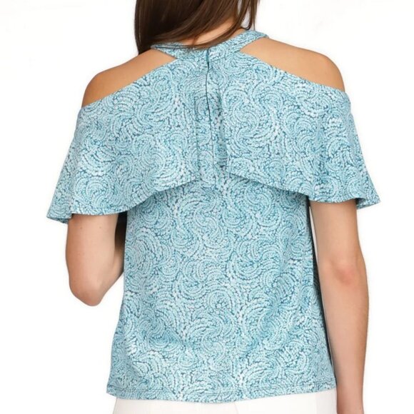 Michael Michael Kors Cold Shoulder Ruffled Halter Turquoise White Top XS - Picture 3 of 16